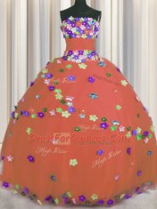 Sumptuous Strapless Sleeveless Tulle Quince Ball Gowns Hand Made Flower Lace Up