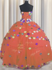 Sumptuous Strapless Sleeveless Tulle Quince Ball Gowns Hand Made Flower Lace Up