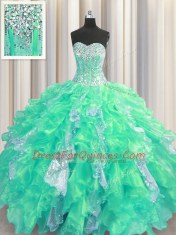 Beading and Ruffles and Sequins Quinceanera Dress Turquoise Lace Up Sleeveless Floor Length