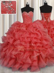 Coral Red Vestidos de Quinceanera Military Ball and Sweet 16 and Quinceanera and For with Beading and Ruffles Sweetheart Sleeveless Lace Up