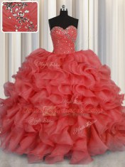 Coral Red Vestidos de Quinceanera Military Ball and Sweet 16 and Quinceanera and For with Beading and Ruffles Sweetheart Sleeveless Lace Up