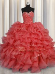 Coral Red Vestidos de Quinceanera Military Ball and Sweet 16 and Quinceanera and For with Beading and Ruffles Sweetheart Sleeveless Lace Up