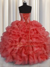 Coral Red Vestidos de Quinceanera Military Ball and Sweet 16 and Quinceanera and For with Beading and Ruffles Sweetheart Sleeveless Lace Up