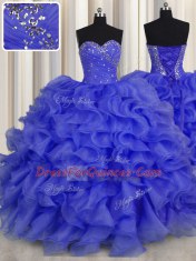 Decent Royal Blue Lace Up Sweet 16 Dresses Beading and Ruffles Sleeveless Floor Length