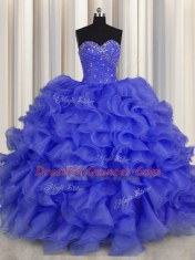 Decent Royal Blue Lace Up Sweet 16 Dresses Beading and Ruffles Sleeveless Floor Length