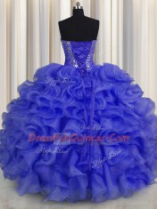 Decent Royal Blue Lace Up Sweet 16 Dresses Beading and Ruffles Sleeveless Floor Length