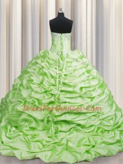 Pick Ups Brush Train Yellow Green Quinceanera Gown Sweetheart Sleeveless Sweep Train Lace Up