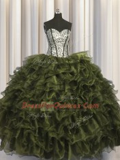 Visible Boning Olive Green Ball Gowns Sweetheart Sleeveless Organza and Sequined Floor Length Lace Up Ruffles and Sequins Quinceanera Gown