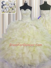Cute Sleeveless Organza Floor Length Lace Up Quinceanera Dresses in Light Yellow with Beading and Ruffles