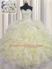Cute Sleeveless Organza Floor Length Lace Up Quinceanera Dresses in Light Yellow with Beading and Ruffles