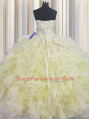 Cute Sleeveless Organza Floor Length Lace Up Quinceanera Dresses in Light Yellow with Beading and Ruffles