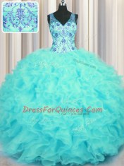 V Neck Sleeveless Zipper Floor Length Beading and Appliques and Ruffles Quinceanera Gown