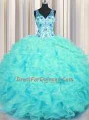 V Neck Sleeveless Zipper Floor Length Beading and Appliques and Ruffles Quinceanera Gown