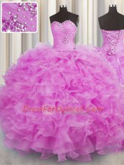 Ideal Lilac Ball Gown Prom Dress Military Ball and Sweet 16 and Quinceanera and For with Beading and Ruffles Sweetheart Sleeveless Lace Up