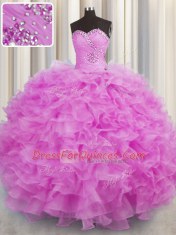 Ideal Lilac Ball Gown Prom Dress Military Ball and Sweet 16 and Quinceanera and For with Beading and Ruffles Sweetheart Sleeveless Lace Up