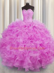 Ideal Lilac Ball Gown Prom Dress Military Ball and Sweet 16 and Quinceanera and For with Beading and Ruffles Sweetheart Sleeveless Lace Up