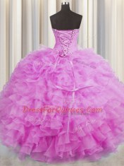 Ideal Lilac Ball Gown Prom Dress Military Ball and Sweet 16 and Quinceanera and For with Beading and Ruffles Sweetheart Sleeveless Lace Up