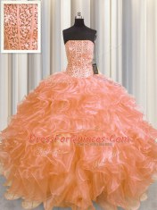 Visible Boning Orange Ball Gowns Beading and Ruffles 15th Birthday Dress Lace Up Organza Sleeveless Floor Length