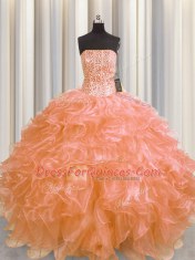Visible Boning Orange Ball Gowns Beading and Ruffles 15th Birthday Dress Lace Up Organza Sleeveless Floor Length