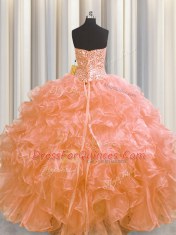 Visible Boning Orange Ball Gowns Beading and Ruffles 15th Birthday Dress Lace Up Organza Sleeveless Floor Length