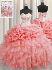 Pick Ups Visible Boning Watermelon Red Sleeveless Organza Lace Up Quinceanera Gowns for Military Ball and Sweet 16 and Quinceanera