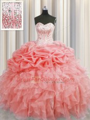 Pick Ups Visible Boning Watermelon Red Sleeveless Organza Lace Up Quinceanera Gowns for Military Ball and Sweet 16 and Quinceanera