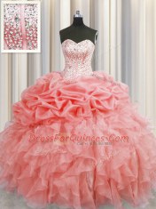 Pick Ups Visible Boning Watermelon Red Sleeveless Organza Lace Up Quinceanera Gowns for Military Ball and Sweet 16 and Quinceanera