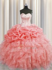 Pick Ups Visible Boning Watermelon Red Sleeveless Organza Lace Up Quinceanera Gowns for Military Ball and Sweet 16 and Quinceanera