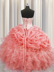 Pick Ups Visible Boning Watermelon Red Sleeveless Organza Lace Up Quinceanera Gowns for Military Ball and Sweet 16 and Quinceanera