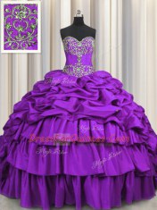 Best Brush Train Purple Sleeveless Beading and Embroidery and Ruffled Layers and Pick Ups Lace Up Vestidos de Quinceanera