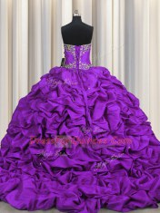 Best Brush Train Purple Sleeveless Beading and Embroidery and Ruffled Layers and Pick Ups Lace Up Vestidos de Quinceanera