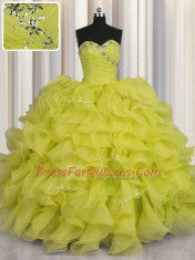 Cheap Yellow Green Organza Lace Up Sweetheart Sleeveless Floor Length 15th Birthday Dress Beading and Ruffles