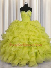 Cheap Yellow Green Organza Lace Up Sweetheart Sleeveless Floor Length 15th Birthday Dress Beading and Ruffles