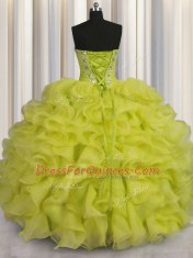Cheap Yellow Green Organza Lace Up Sweetheart Sleeveless Floor Length 15th Birthday Dress Beading and Ruffles