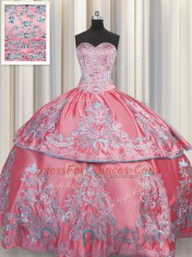 Edgy Embroidery Ball Gowns Quince Ball Gowns Rose Pink Sweetheart Taffeta Sleeveless Floor Length Lace Up