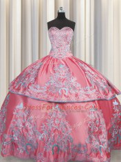 Edgy Embroidery Ball Gowns Quince Ball Gowns Rose Pink Sweetheart Taffeta Sleeveless Floor Length Lace Up