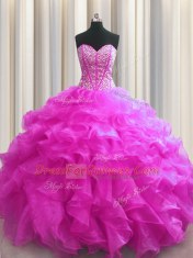 Visible Boning Fuchsia Organza Lace Up Sweet 16 Dresses Sleeveless Floor Length Beading and Ruffles