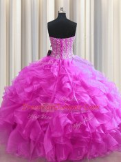 Visible Boning Fuchsia Organza Lace Up Sweet 16 Dresses Sleeveless Floor Length Beading and Ruffles