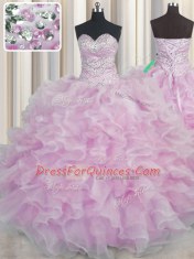 Edgy Bling-bling Lilac Sleeveless Beading and Ruffles Floor Length Sweet 16 Quinceanera Dress