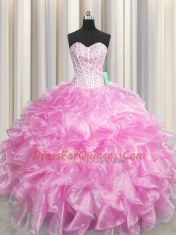 Comfortable Visible Boning Zipper Up Rose Pink Sweetheart Zipper Beading and Ruffles Quinceanera Gowns Sleeveless