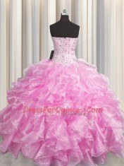 Comfortable Visible Boning Zipper Up Rose Pink Sweetheart Zipper Beading and Ruffles Quinceanera Gowns Sleeveless