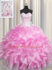 Comfortable Visible Boning Zipper Up Rose Pink Sweetheart Zipper Beading and Ruffles Quinceanera Gowns Sleeveless