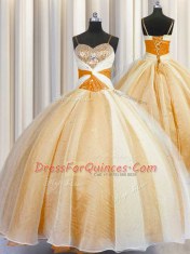 Orange Ball Gowns Organza Spaghetti Straps Sleeveless Beading and Ruching Floor Length Lace Up Ball Gown Prom Dress