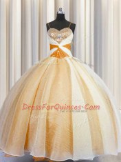 Orange Ball Gowns Organza Spaghetti Straps Sleeveless Beading and Ruching Floor Length Lace Up Ball Gown Prom Dress