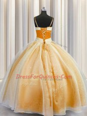 Orange Ball Gowns Organza Spaghetti Straps Sleeveless Beading and Ruching Floor Length Lace Up Ball Gown Prom Dress