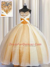Orange Ball Gowns Organza Spaghetti Straps Sleeveless Beading and Ruching Floor Length Lace Up Ball Gown Prom Dress