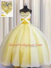 Vintage Ball Gowns Quinceanera Gown Yellow Spaghetti Straps Organza Sleeveless Floor Length Lace Up