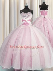 Spaghetti Straps Organza Sleeveless Floor Length Quinceanera Dresses and Beading and Ruching