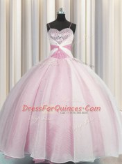 Spaghetti Straps Organza Sleeveless Floor Length Quinceanera Dresses and Beading and Ruching