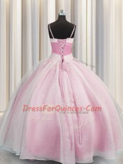 Spaghetti Straps Organza Sleeveless Floor Length Quinceanera Dresses and Beading and Ruching